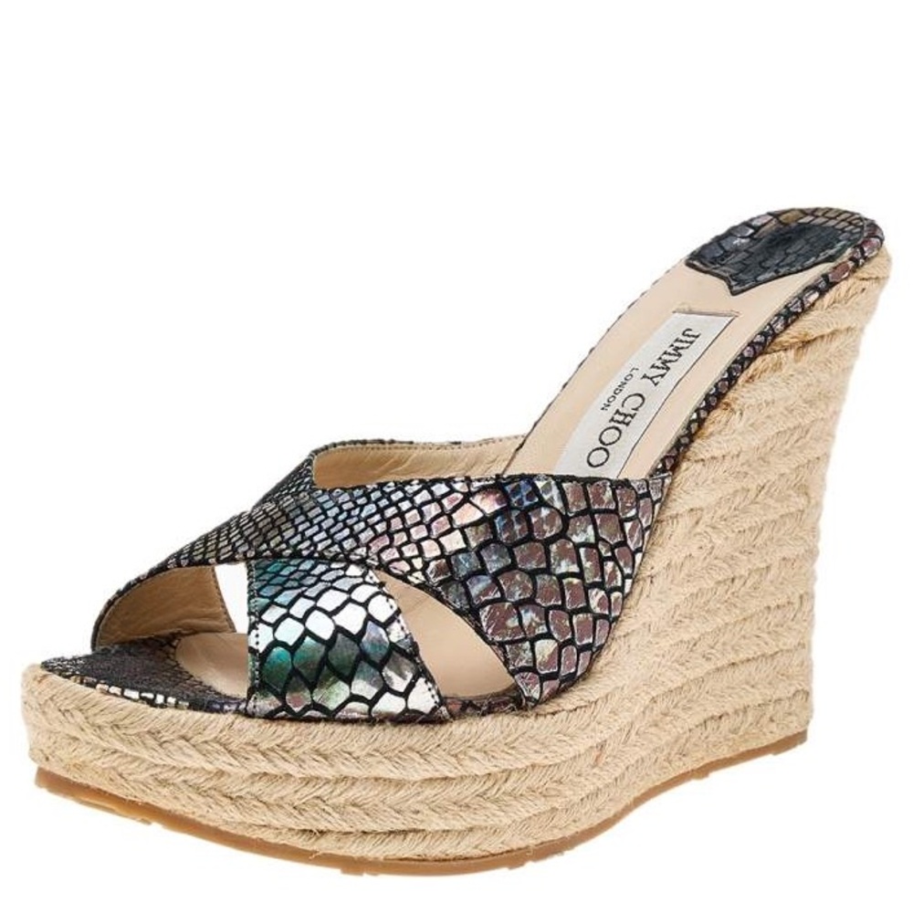 Jimmy Choo Phyllis Espadrille Wedge Heel Python Snakeskin Iridescent Metallic
